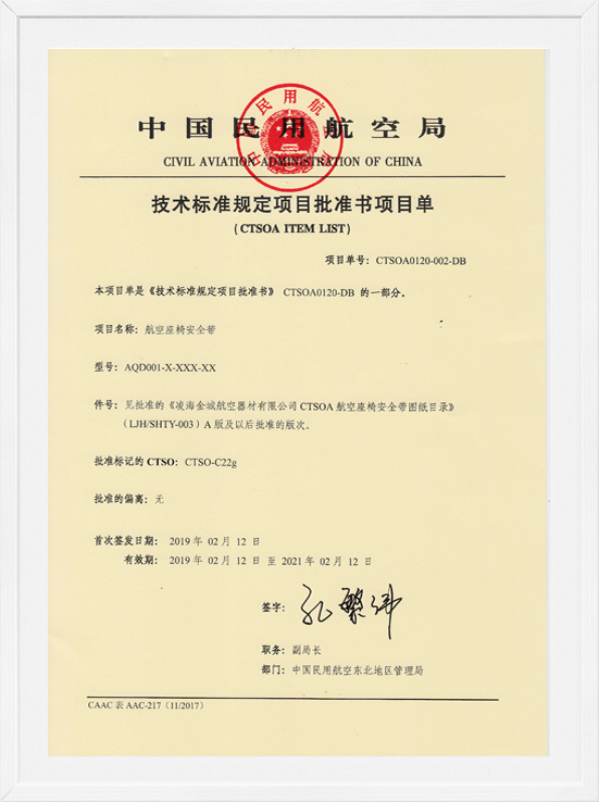 凌海金城CTSOA項(xiàng)目單-航空座椅安全帶